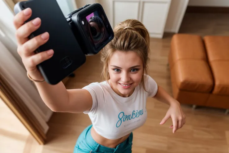 from above,selfie,hyper realistic gopro action photo of a 25 year old girl,dancing,happy,looking at viewer,shirt,pants,ray tracing,detail shadow,shot on Fujifilm X-T4,85mm f1.2,sharp focus,depth of field,blurry background,bokeh,lens flare,motion blur,<lora:add_detail:1>,