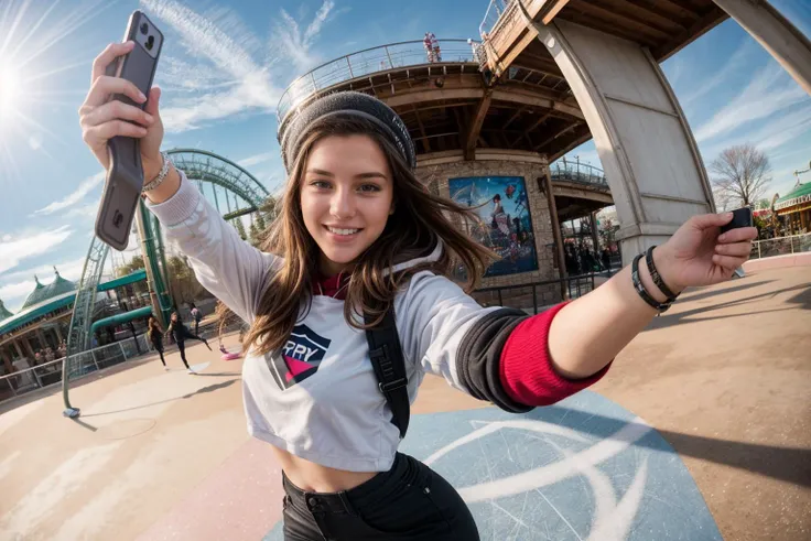 selfie,full body,hyper realistic gopro action photo of a 18 year old girl,skating,happy,looking at viewer,outdoor,windy,in a themepark,ray tracing,detail shadow,shot on Fujifilm X-T4,85mm f1.2,sharp focus,depth of field,blurry background,bokeh,<lora:add_detail:1>,