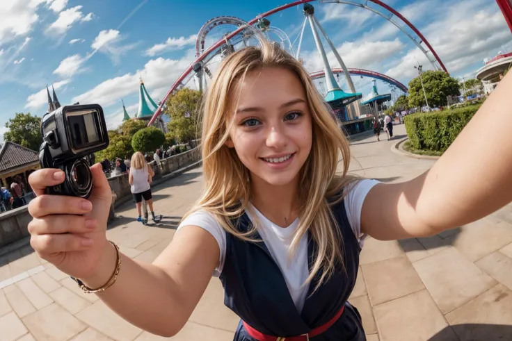 selfie,hyper realistic gopro action photo of a 18 year old girl,happy,looking at viewer,blonde hair,outdoor,windy,in a themepark,ray tracing,detail shadow,shot on Fujifilm X-T4,85mm f1.2,sharp focus,depth of field,blurry background,bokeh,<lora:add_detail:1>,