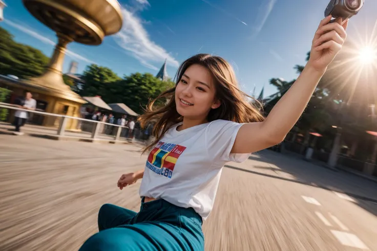 from above,from side and front,hyper realistic gopro action photo of a 18 year old girl,dancing,happy,looking at viewer,shirt,pants,outdoor,windy,theme park,ray tracing,detail shadow,shot on Fujifilm X-T4,85mm f1.2,sharp focus,depth of field,blurry background,bokeh,lens flare,motion blur,<lora:add_detail:1>,