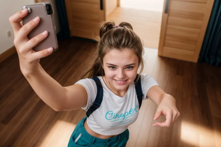 from above,selfie,hyper realistic gopro action photo of a 18 year old girl,dancing,happy,looking at viewer,shirt,pants,ray tracing,detail shadow,shot on Fujifilm X-T4,85mm f1.2,sharp focus,depth of field,blurry background,bokeh,lens flare,motion blur,<lora:add_detail:1>,