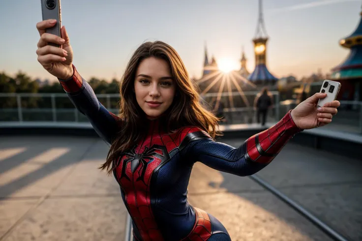 Marvel movies,selfie,full body,hyper realistic gopro action photo of a 18 year old girl,spiderman,skating,happy,looking at viewer,outdoor,windy,in a themepark,ray tracing,detail shadow,shot on Fujifilm X-T4,85mm f1.2,sharp focus,depth of field,blurry background,bokeh,<lora:add_detail:1>,