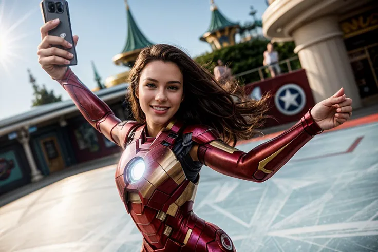 Marvel movies,selfie,full body,hyper realistic gopro action photo of a 18 year old girl,ironman,skating,happy,looking at viewer,outdoor,windy,in a themepark,ray tracing,detail shadow,shot on Fujifilm X-T4,85mm f1.2,sharp focus,depth of field,blurry background,bokeh,<lora:add_detail:1>,