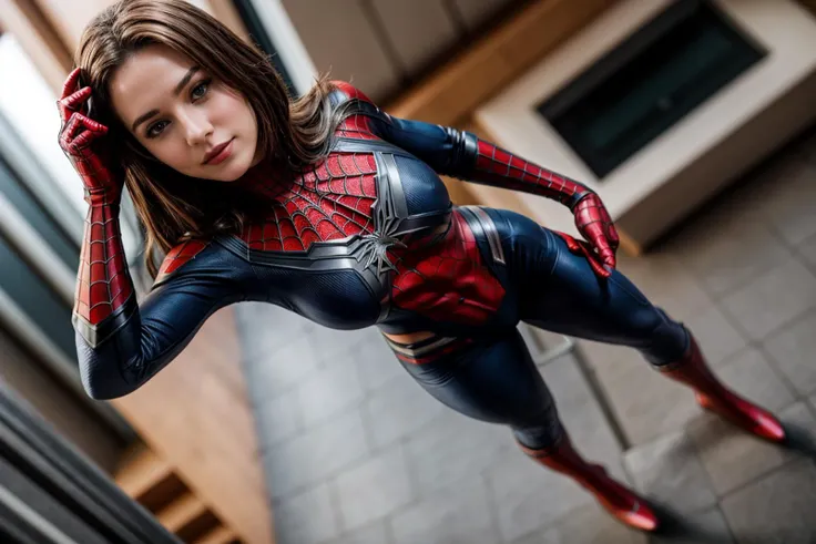 Marvel s,full body,from above,from side and behind,selfie,hyper realistic gopro action photo of a 18 year old girl,spiderman,dancing,happy,bare hands,ray tracing,detail shadow,shot on Fujifilm X-T4,85mm f1.2,sharp focus,depth of field,blurry background,bokeh,motion blur,<lora:add_detail:1>,