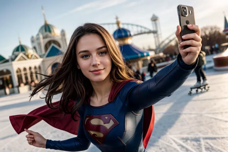 DC movies,selfie,full body,hyper realistic gopro action photo of a 18 year old girl,supergirl,skating,happy,looking at viewer,outdoor,windy,in a themepark,ray tracing,detail shadow,shot on Fujifilm X-T4,85mm f1.2,sharp focus,depth of field,blurry background,bokeh,<lora:add_detail:1>,