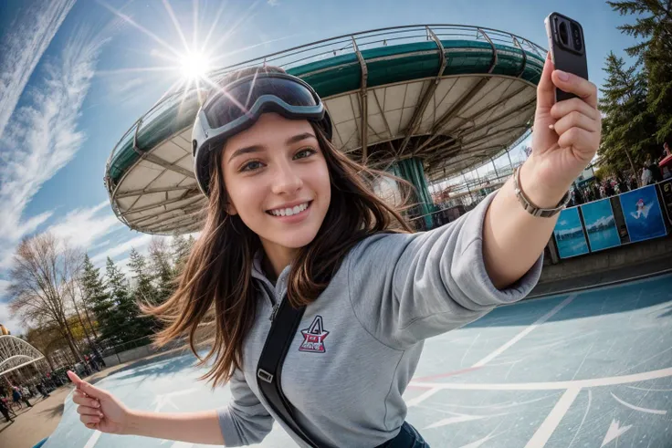 selfie,full body,hyper realistic gopro action photo of a 18 year old girl,skating,happy,looking at viewer,outdoor,windy,in a themepark,ray tracing,detail shadow,shot on Fujifilm X-T4,85mm f1.2,sharp focus,depth of field,blurry background,bokeh,<lora:add_detail:1>,