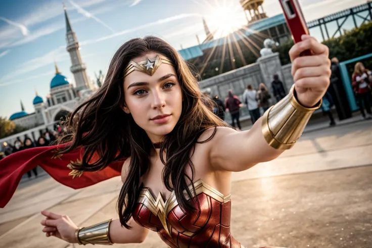 DC movies,selfie,full body,hyper realistic gopro action photo of a 18 year old girl,wonder woman,skating,happy,looking at viewer,outdoor,windy,in a themepark,ray tracing,detail shadow,shot on Fujifilm X-T4,85mm f1.2,sharp focus,depth of field,blurry background,bokeh,<lora:add_detail:1>,