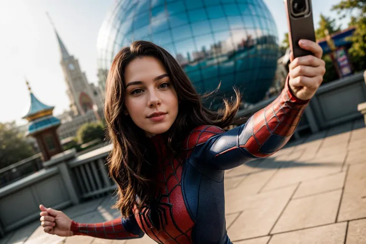 Marvel movies,selfie,full body,hyper realistic gopro action photo of a 18 year old girl,spiderman,skating,happy,looking at viewer,outdoor,windy,in a themepark,ray tracing,detail shadow,shot on Fujifilm X-T4,85mm f1.2,sharp focus,depth of field,blurry background,bokeh,<lora:add_detail:1>,