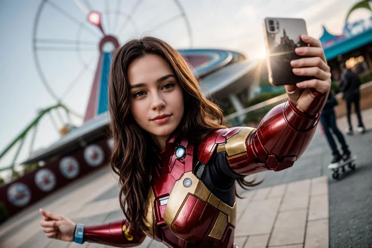 Marvel s,selfie,full body,hyper realistic gopro action photo of a 18 year old girl,ironman,skating,happy,looking at viewer,outdoor,windy,in a themepark,ray tracing,detail shadow,shot on Fujifilm X-T4,85mm f1.2,sharp focus,depth of field,blurry background,bokeh,<lora:add_detail:1>,