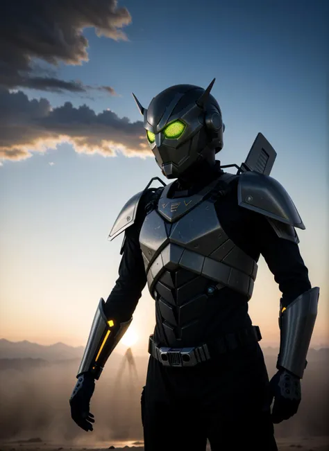 8k, RAW photo, Fujifilm eterna style photo,  (dark:1.4), (backlit photography:1.4), (facing viewer:1.2), full body ,(kamen rider:1.1), grasshopper mask, multicolored (exosuit:1.2) with neon eyes, armored (belt and gauntlet:1.1), outdoor,  fighting stance, (highly detailed:1.4), BREAK by Alyssa Monks , Annie Swynnerton , Beatrix Potter , Andrea Mantegna , Marco Mazzoni , Sara Wollfalk , Carlos Cruz-Diez , Saturno Butto , John Totleben , dust storm,   <lora:puffies_v1:0.3>