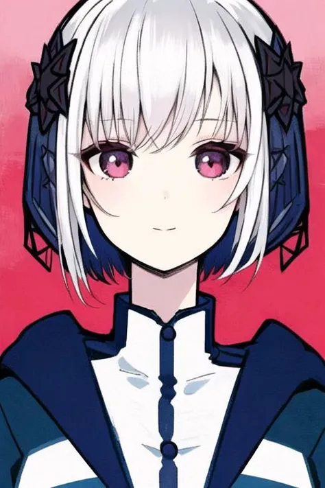 1girl, white hair, short hair, hair ornament, black jacket,