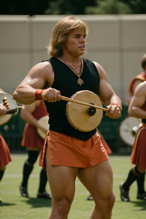 He-man, playing drum in a marching band,  hd, film photograph, light grain, f2.8, shallow depth of field, bokeh, masterpiece, best quality:1.4, high resolution:1.4, highly detailed, photorealistic:1.4, <lora:SD15\filmgrain_slider_v1> <lora:SD15\80s_He-Man_MK2:0.3>