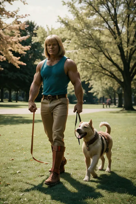 He-man, walking a dog in the park hd, film photograph, light grain, f2.8, shallow depth of field, bokeh, masterpiece, best quality:1.4, high resolution:1.4, highly detailed, photorealistic:1.4, <lora:SD15\filmgrain_slider_v1> <lora:SD15\80s_He-Man_MK2:0.3>