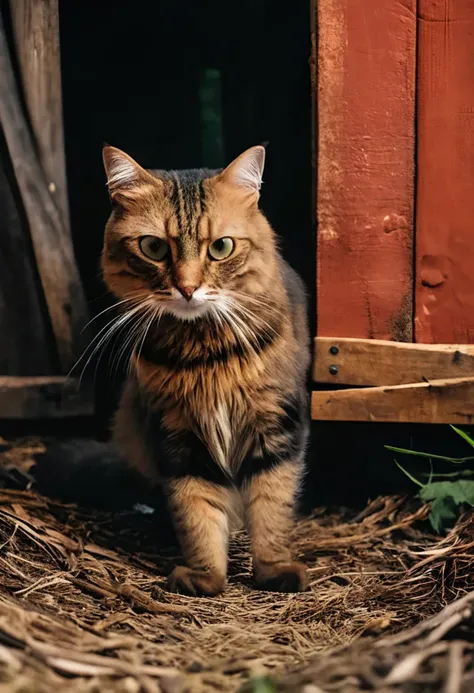 a Brown Cat hunting prey in a a barn
 <lora:Brown Cat:1>, wildlife photography, capturing nature's beauty, breathtaking landscapes, immersive experience, storytelling through imagery, showcasing wildlife behavior, sharp details, evocative composition, unique perspective