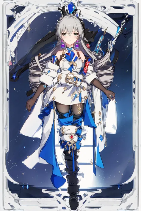 best quality,solo,ph bronya,1girl,solo,jewelry,earrings,long hair,grey hair,bangs,drill hair,bare shoulders,grey eyes,thigh boots,hair between eyes,boots,elbow gloves,sleeveless,black gloves,twin drills,belt,leggings,white dress,breasts,small breasts,black footwear,long sleeves,black silk stokings,looking at viewer,tarot,(tarot\),(full body:1.4),detail,(masterpiece, best quality, high quality, highres, ultra-detailed),<lora:Ton_animetarotV51:1>,<lora:B-t1.1:1.5>,oval face,anime_style_blush,lipstick,
