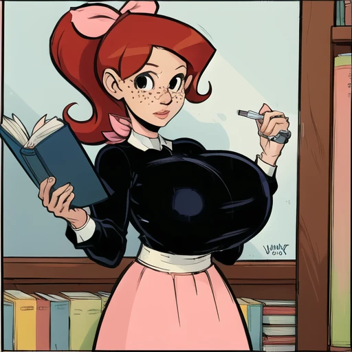 <lora:GG:0.8>, 1girl , ponytail, pink skirt, black shirt, bow, ribbon, detailed face, looking at viewer, flat colors, freckles, huge breasts, library, holding book, breast press, glasses