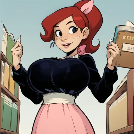 <lora:GG:0.7>, 1girl , ponytail, pink skirt, black shirt, bow, ribbon, detailed face, looking at viewer, flat colors, freckles, huge breasts, library, holding books, book stack, breast press, , from below