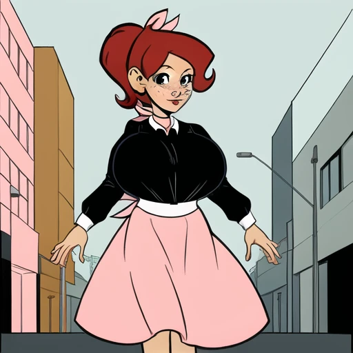 <lora:GG:0.8>, 1girl , ponytail, pink skirt, black shirt, bow, ribbon, detailed face, looking at viewer, flat colors, freckles, huge breasts, walking, street, buildings, car,