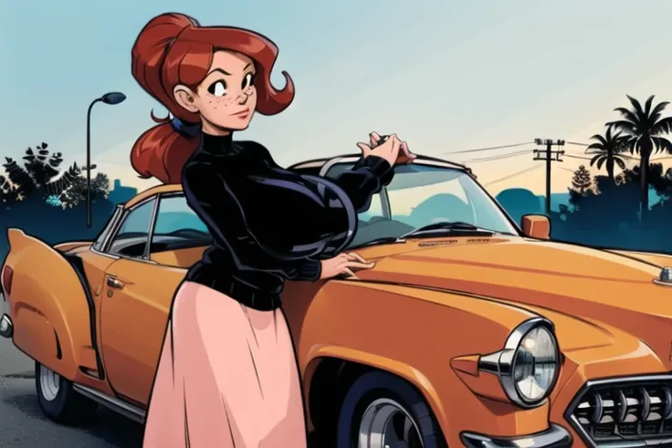 <lora:GG:0.8>, 1girl , GG, ponytail, leaning on car, 1950s Cadillac, sweater, long skirt, solo, outdoors, day, pink skirt, freckles,