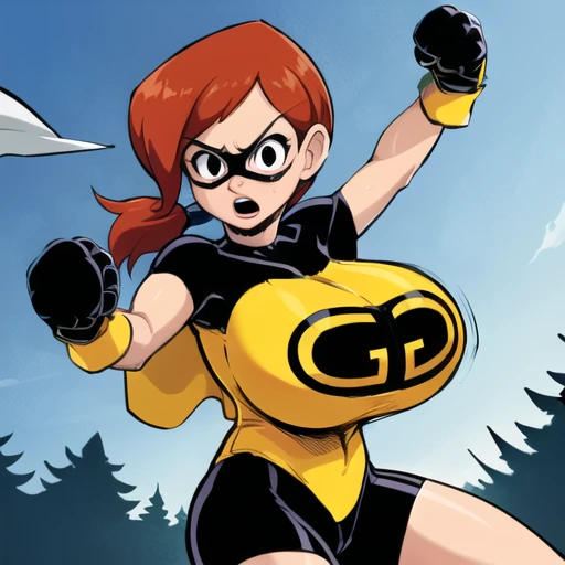<lora:GG:0.8>, 1girl , 1boy, ponytail, domino mask, bike shorts, cape, yellow shirt, (((GG))), punching, clenched fist, action shot, black eyes, huge breasts, suit, gun, holding weapon, outdoors, 1950s