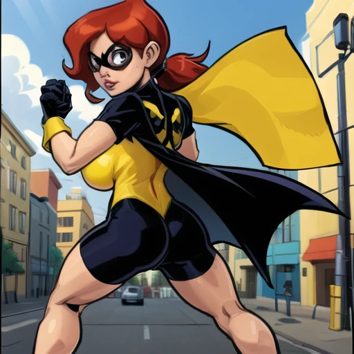 <lora:GG:0.9>, 1girl , ponytail,  domino mask, bike shorts, cape, yellow shirt, from behind, crouch, action pose, superhero, street, cars, buildings, GG, masterpiece, 4k, best quality, solo