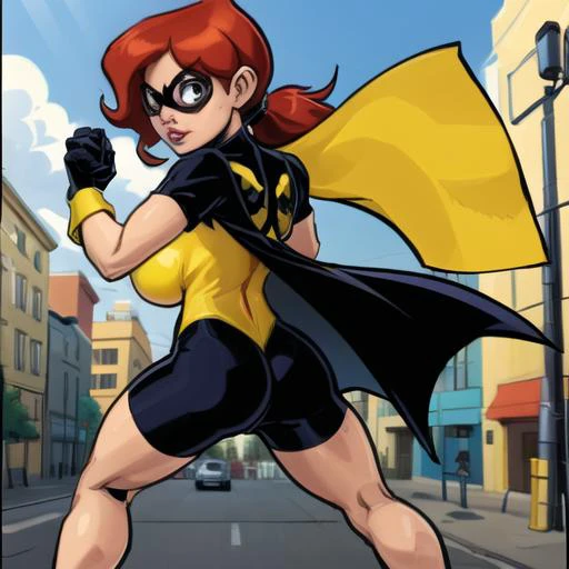 <lora:GG:0.9>, 1girl , ponytail, domino mask, bike shorts, cape, yellow shirt, from behind, crouch, action pose, superhero, street, cars, buildings, GG, masterpiece, 4k, best quality, solo