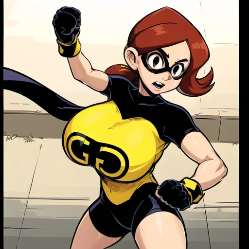<lora:GG:0.8>, 1girl , 1boy, ponytail, domino mask, bike shorts, cape, yellow shirt, (((GG))), from above, punching, clenched fist, action shot, black eyes, huge breasts, suit, gun, holding weapon, outdoors, 1950s