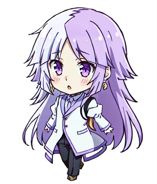 1boy, long hair, solo, purple hair, male focus, earrings, jewelry, two-toned hair, purple hair, white hair, full body, blush, :o, <lora:Sigma:0.8>, chibi,  <lora:Qtea_add_sugar-fp16:1>