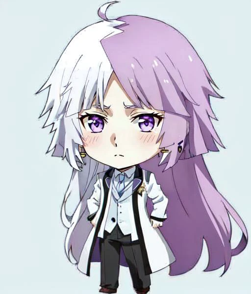 1boy, long hair, solo, purple hair, male focus, earrings, jewelry, two-toned hair, purple hair, white hair, pants, full body, blush, <lora:Sigma:0.8>, chibi,   <lora:q-v1:1>