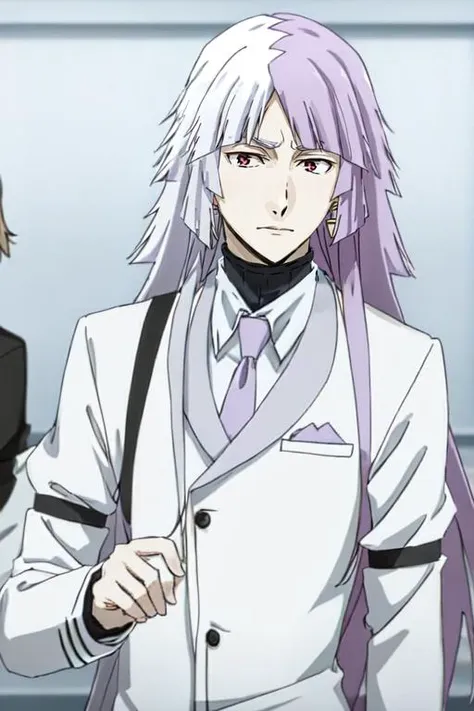 1boy, long hair, solo, purple hair, male focus, earrings, jewelry, two-toned hair, purple hair, white hair,   <lora:Sigma:1>