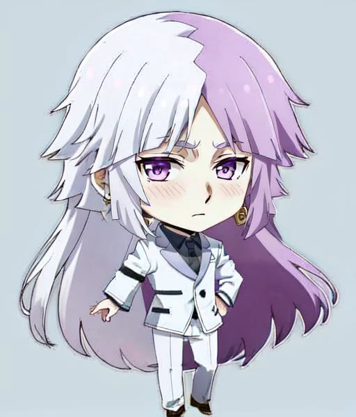 1boy, long hair, solo, purple hair, male focus, earrings, jewelry, two-toned hair, purple hair, white hair, pants, full body, blush, <lora:Sigma:0.8>, chibi,   <lora:q-v1:1>