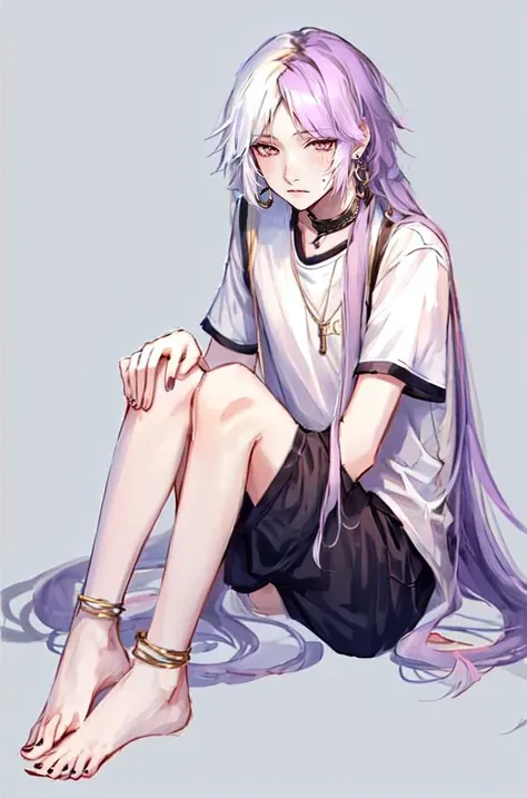 <lora:Sigma_-_Bungo_Stray_Dogs_Updated:1>,  1boy, adult male, barefoot, long hair, solo, male focus, earrings, jewelry, two-toned hair, purple hair, white hair, feet, sitting, sweatpants, T-shirt