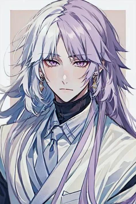 <lora:Sigma_-_Bungo_Stray_Dogs_Updated:1>, 1boy, solo, closed mouth, earrings, jewelry, long hair, looking at viewer, male focus, purple eyes, two-toned hair, mulitcolor hair, white hair, purple hair,