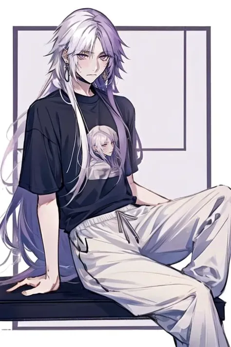 <lora:Sigma_-_Bungo_Stray_Dogs_Updated:1>, 1boy, adult male, long hair, solo, purple hair, male focus, earrings, jewelry, two-toned hair, purple hair, white hair, sitting, barefoot, sweatpants, T-shirt