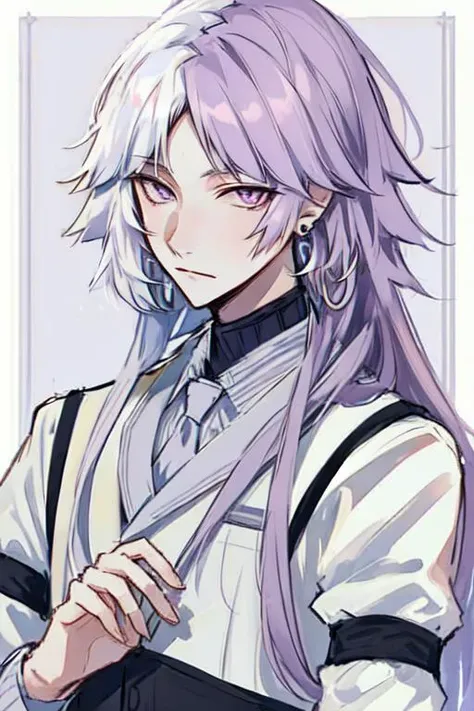 1boy, solo, closed mouth, earrings, jewelry, long hair, looking at viewer, male focus, purple eyes, two-toned hair, mulitcolor hair, white hair, purple hair, <lora:Sigma_-_Bungo_Stray_Dogs_Updated-000010:1>