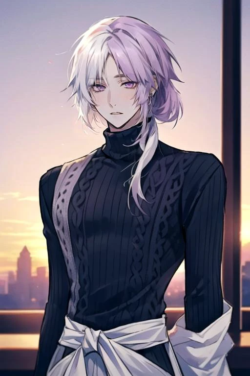 <lora:Sigma_-_Bungo_Stray_Dogs_Updated:1>, adult male, 1boy, solo, black sweater, parted lips, from below, male focus, ponytail, purple eyes, two-toned hair, mulitcolor hair, white hair, purple hair, ribbed sweater, sweater, turtleneck, outdoors,  roses, sunset, depth of field, (waist-up:1.3)