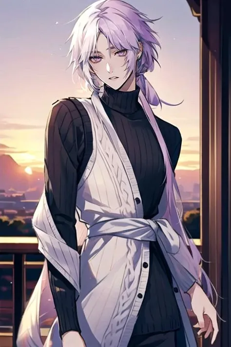 <lora:Sigma_-_Bungo_Stray_Dogs_Updated:1>, adult male, 1boy, solo, black sweater, parted lips, from below, male focus, ponytail, purple eyes, two-toned hair, mulitcolor hair, white hair, purple hair, ribbed sweater, sweater, turtleneck, outdoors,  roses, sunset, depth of field, (waist-up:1.3)