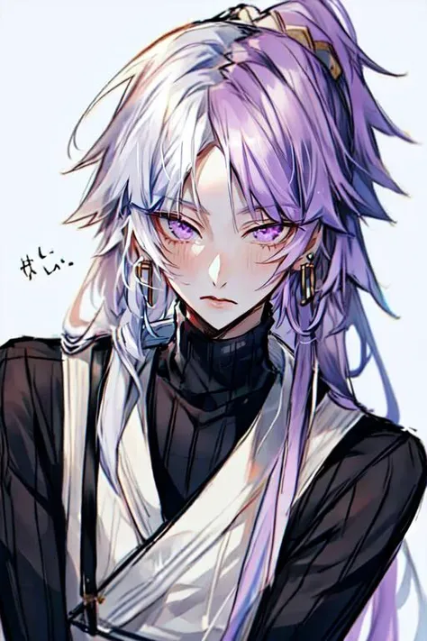 <lora:Sigma_-_Bungo_Stray_Dogs_Updated:1>, 1boy, solo, black sweater, closed mouth, earrings, jewelry, long hair, looking at viewer, male focus, ponytail, purple eyes, two-toned hair, mulitcolor hair, white hair, purple hair, ribbed sweater, sweater, turtleneck, upper body,