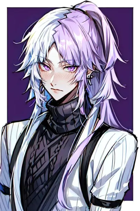 <lora:Sigma_-_Bungo_Stray_Dogs_Updated:1>, 1boy, solo, black sweater, closed mouth, earrings, jewelry, long hair, looking at viewer, male focus, ponytail, purple eyes, two-toned hair, mulitcolor hair, white hair, purple hair, ribbed sweater, sweater, turtleneck, upper body,