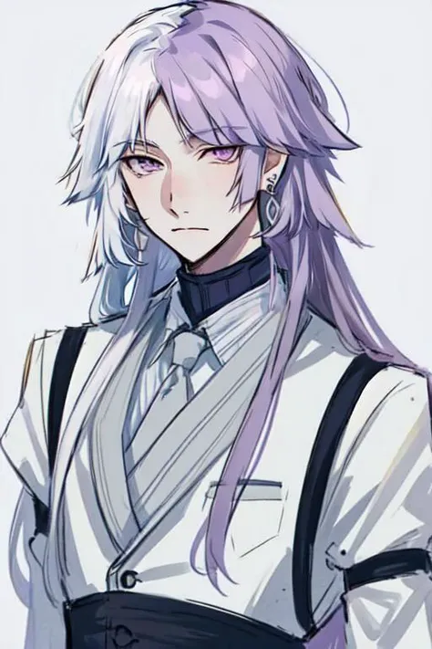 1boy, solo, closed mouth, earrings, jewelry, long hair, looking at viewer, male focus, purple eyes, two-toned hair, mulitcolor hair, white hair, purple hair, <lora:Sigma_-_Bungo_Stray_Dogs_Updated-000010:1>