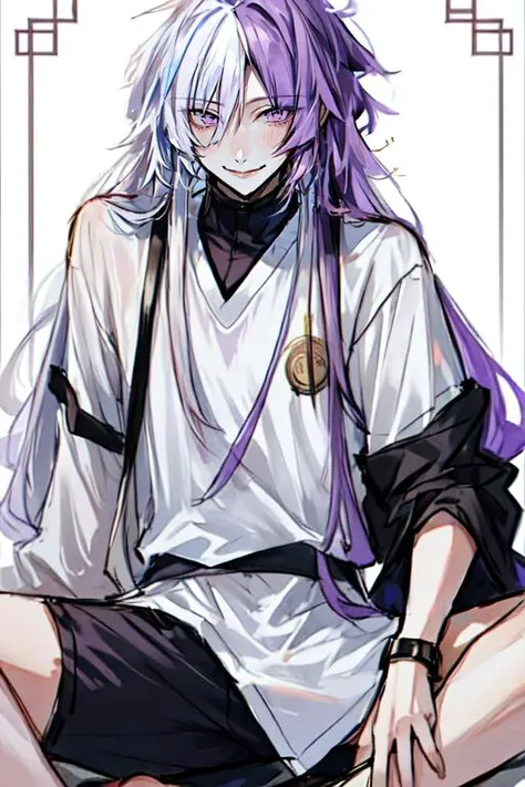 <lora:Sigma_-_Bungo_Stray_Dogs_Updated:1>, 1boy, adult male, long hair, solo, purple hair, male focus, light smile, two-toned hair, purple hair, white hair, T-shirt