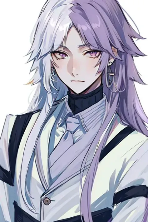 1boy, long hair, solo, purple hair, male focus, earrings, jewelry, two-toned hair, purple hair, white hair, <lora:Sigma_-_Bungo_Stray_Dogs_Updated-000010:1>