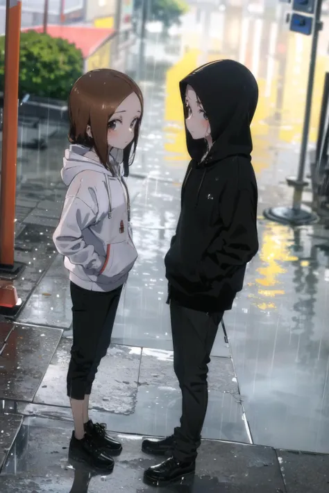 masterpiece, best quality,1girl,<lora:takagiSanFromKarakaiJZu_v10:0.8>,takagi1,realistic Behavior: serious expression, standing still, (((looking at viewer))) Clothing: (((black hood))), (((black pants))), ((black shoes)), hoodie Location: outdoors, (((rainy weather,))) (((wet asphalt))), (((reflections of water,))) nearby traffic light Situation: standing, (((hands on pockets))) (((hood off))), (((heavy rain))) Camera: (((high angle shot))), ((from above)) Lighting: (((illuminated by the colors of a nearby traffic light))), (((dim lighting due to heavy rain))),<lora:GL128dim-epoch-000010:0.8>,overexposure, bokeh, depth of field, atmospheric lighting, outdoors, light particles, glow, shiny, sky, light rays, sunlight,