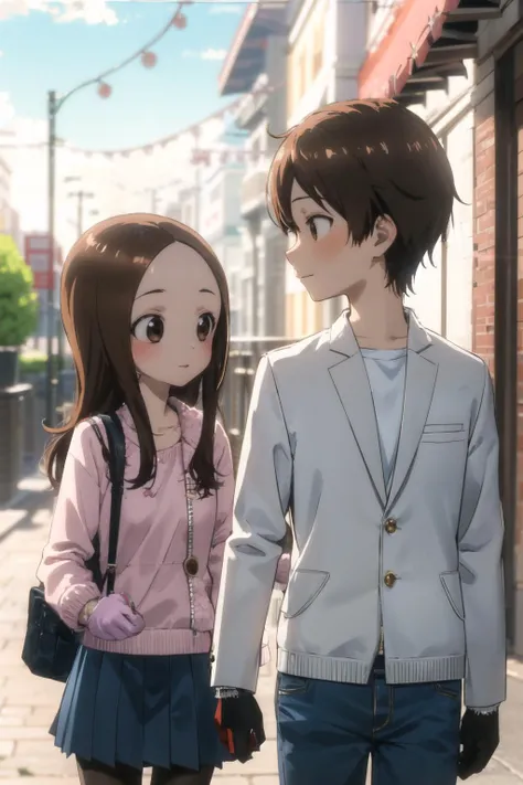 masterpiece, best quality,1girl,<lora:takagiSanFromKarakaiJZu_v10:0.8>,takagi1,Skirt, long sleeves, brown eyes, white jacket, black pantyhose, denim skirt, bag, pink gloves, open clothes, sweater, open jacket,<lora:GL128dim-epoch-000010:0.8>,overexposure, bokeh, depth of field, atmospheric lighting, outdoors, light particles, glow, shiny, sky, light rays, sunlight,