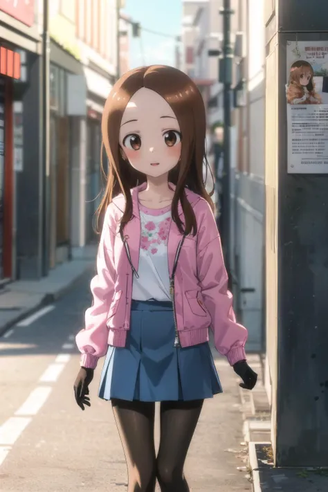 masterpiece, best quality,1girl,<lora:takagiSanFromKarakaiJZu_v10:0.8>,takagi1,Skirt, long sleeves, brown eyes, white jacket, black pantyhose, denim skirt, bag, pink gloves, open clothes, sweater, open jacket,<lora:GL128dim-epoch-000010:0.8>,overexposure, bokeh, depth of field, atmospheric lighting, outdoors, light particles, glow, shiny, sky, light rays, sunlight,