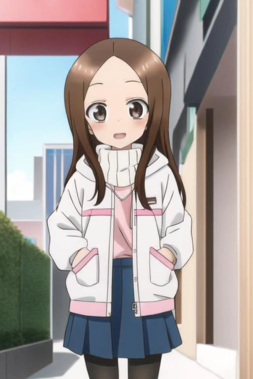 <lora:TakagiV-10:1>, Takagi1, 1girl, Skirt, long sleeves, white jacket, black pantyhose, demim skirt, bag, pink gloves, open clothes, sweater, open jacket
