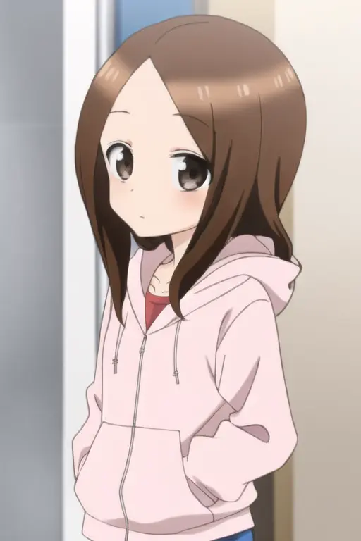 <lora:TakagiV-10:1>, takagi1, shirt, long sleeves, collarbone, jacket, short shorts, hood, hoodie, white jacket, hood down, hooded jacket, pink shorts, loungewear