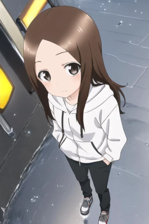 <lora:TakagiV-10:1>, Takagi1, 1girl, solo, Quality: high quality, (((high resolution))), (((vibrant colors))), realistic
Behavior: serious expression, standing still, (((looking at viewer)))
Clothing: (((black hood))), (((black pants))), ((black shoes)), hoodie
Location: outdoors, (((rainy weather,))) (((wet asphalt))), (((reflections of water,))) nearby traffic light
Situation: standing, (((hands on pockets))) (((hood on))), (((heavy rain)))
Camera: (((high angle shot))), ((from above))
Lighting: (((illuminated by the colors of a nearby traffic light))), (((dim lighting due to heavy rain)))