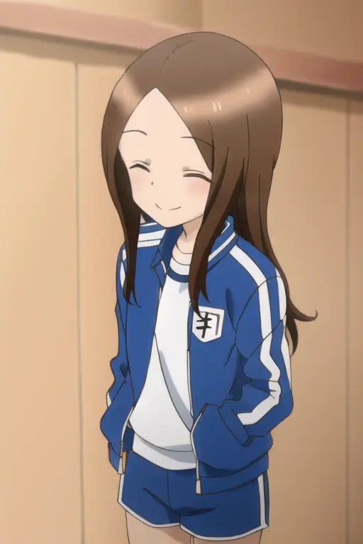 <lora:TakagiV-10:1>, takagi1, jacket, white shirt, long sleeves, (((blue jacket))), gym uniform, track jacket, track suit, gym shirt, short shorts, blue shorts, closed clothes, ((closed jacket)), hands on pockets, smile, closed eyes