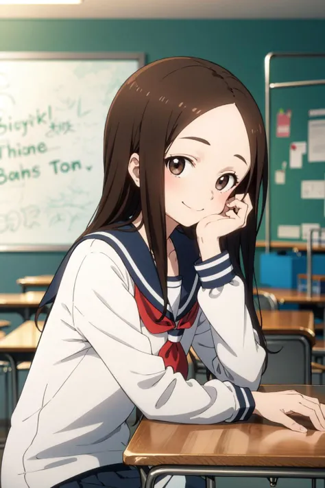 masterpiece, best quality, <lora:TakagiV:0.8>, Takagi1, 1girl, long hair, bangs, shirt, black hair, long sleeves, 1boy, sitting, school uniform, collarbone,white shirt, serafuku, solo focus, indoors, sailor collar, depth of field, blurry background, smile, chair, from_side, red neckerchief, forehead, desk, classroom, look at viewer, hand on own face,